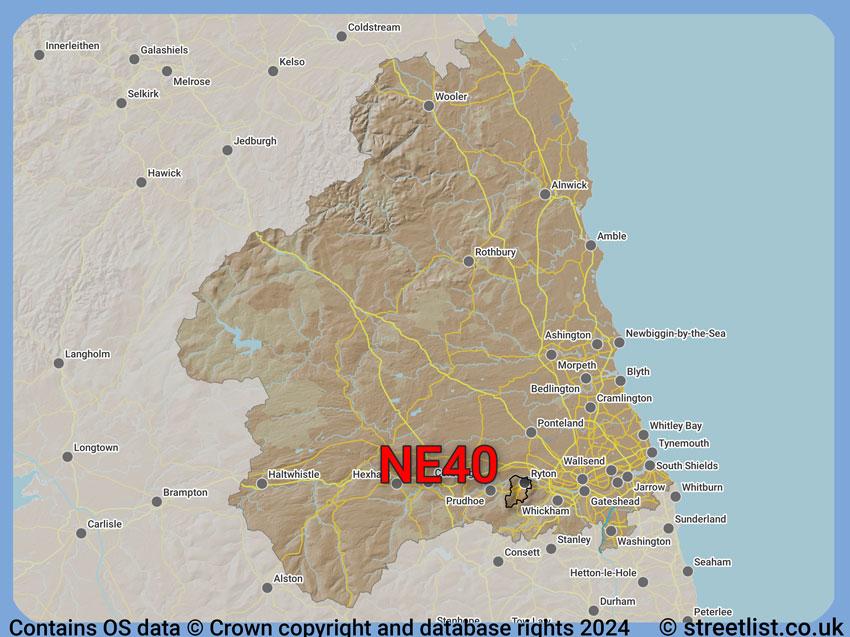 Where the NE40 postcode district lies within the wider  postcode area