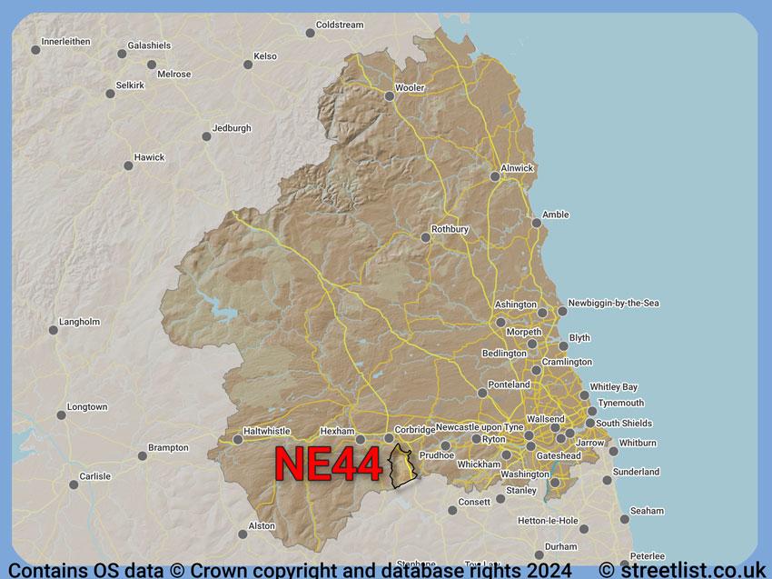 Where the NE44 postcode district lies within the wider  postcode area