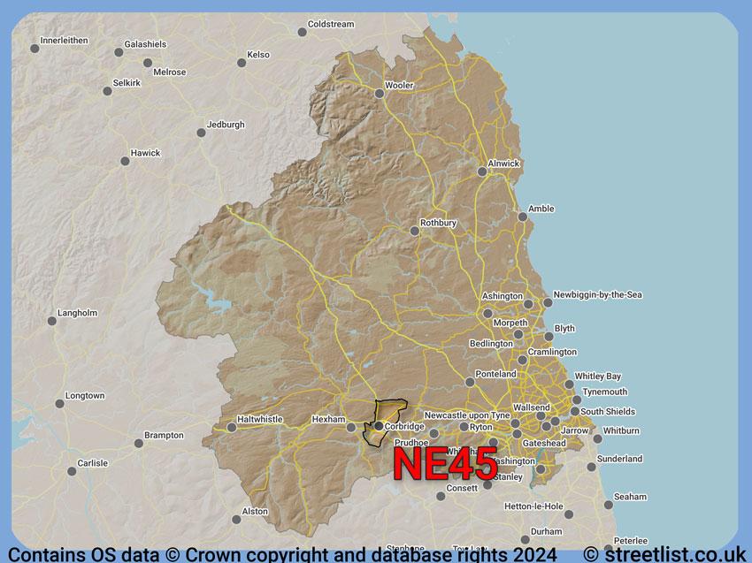 Where the NE45 postcode district lies within the wider  postcode area