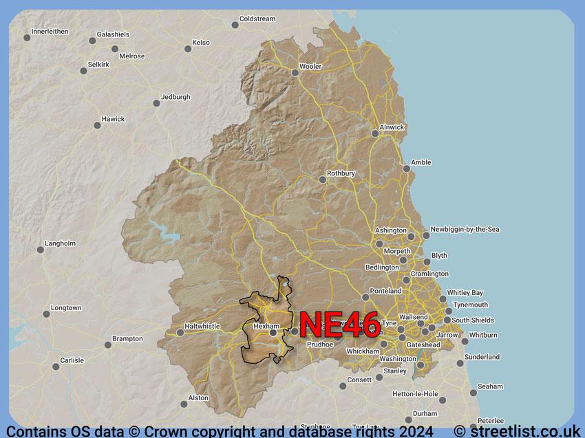 Where the NE46 postcode district lies within the wider  postcode area