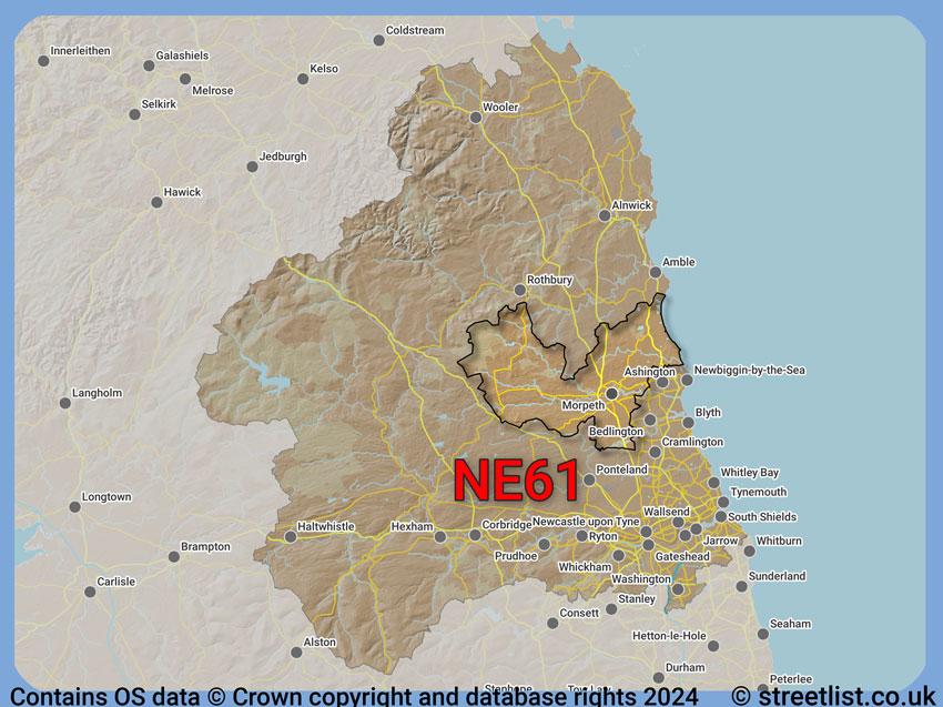 Where the NE61 postcode district lies within the wider  postcode area