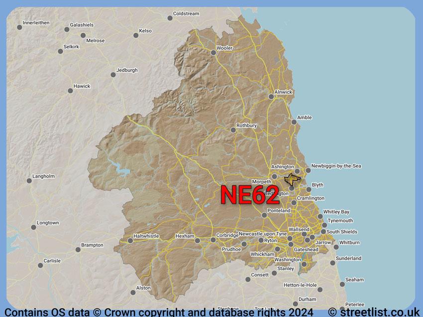 Where the NE62 postcode district lies within the wider  postcode area