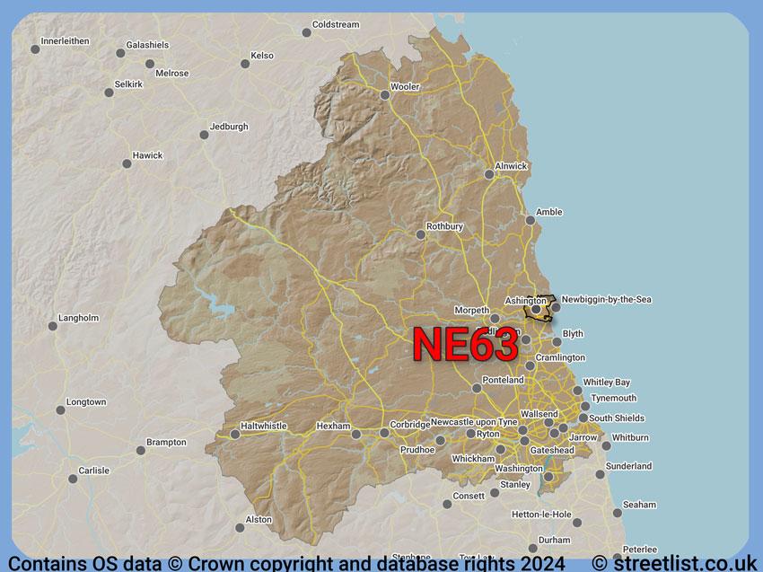 Where the NE63 postcode district lies within the wider  postcode area