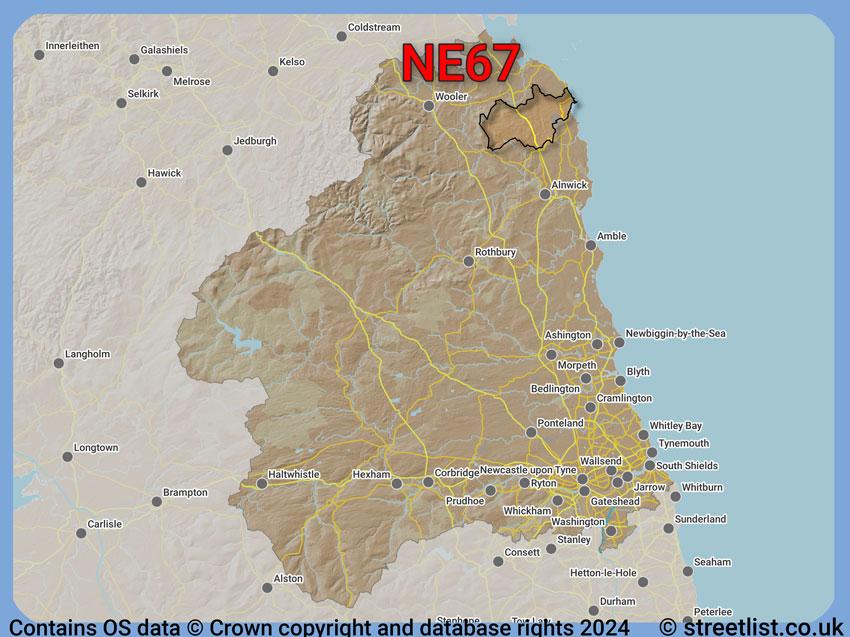 Where the NE67 postcode district lies within the wider  postcode area