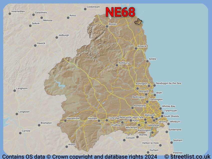 Where the NE68 postcode district lies within the wider  postcode area