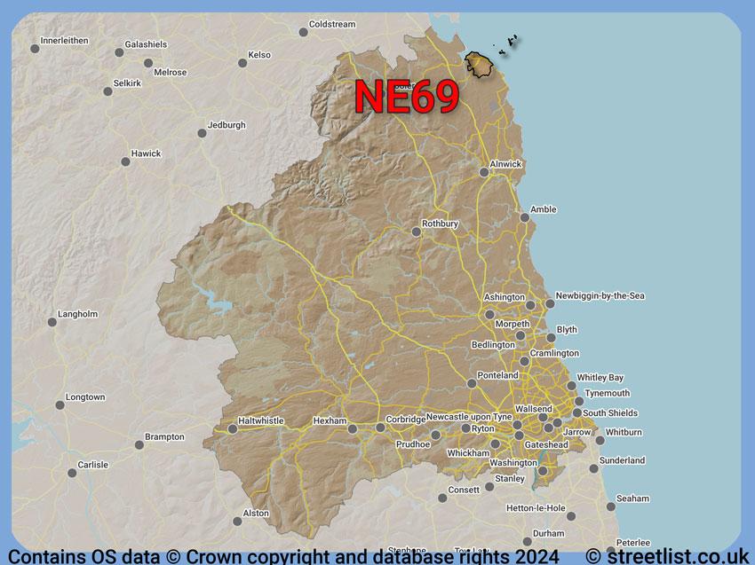 Where the NE69 postcode district lies within the wider  postcode area