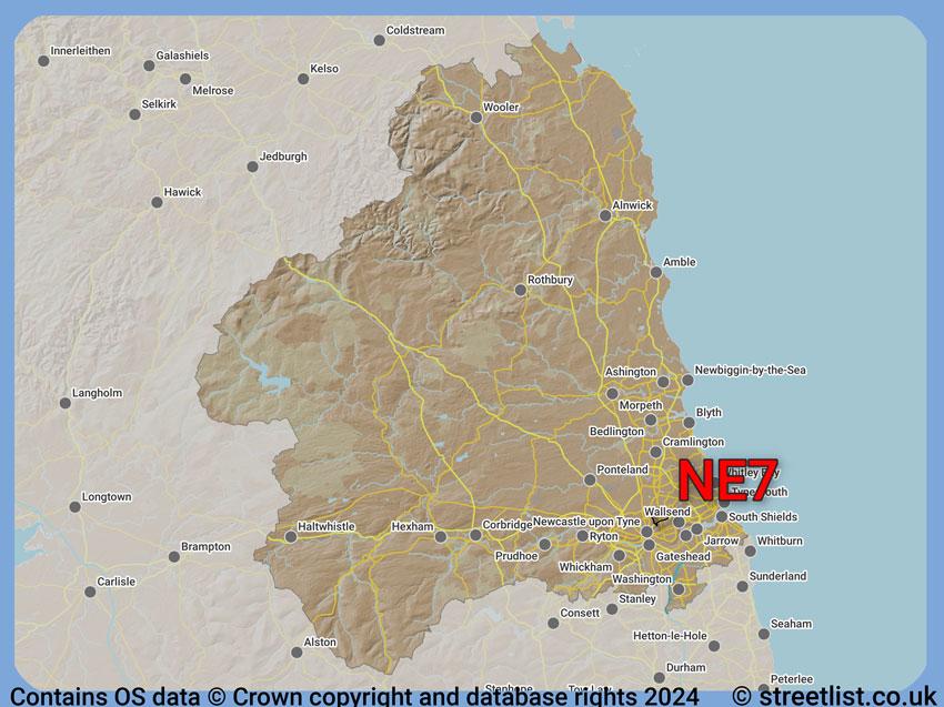 Where the NE7 postcode district lies within the wider  postcode area