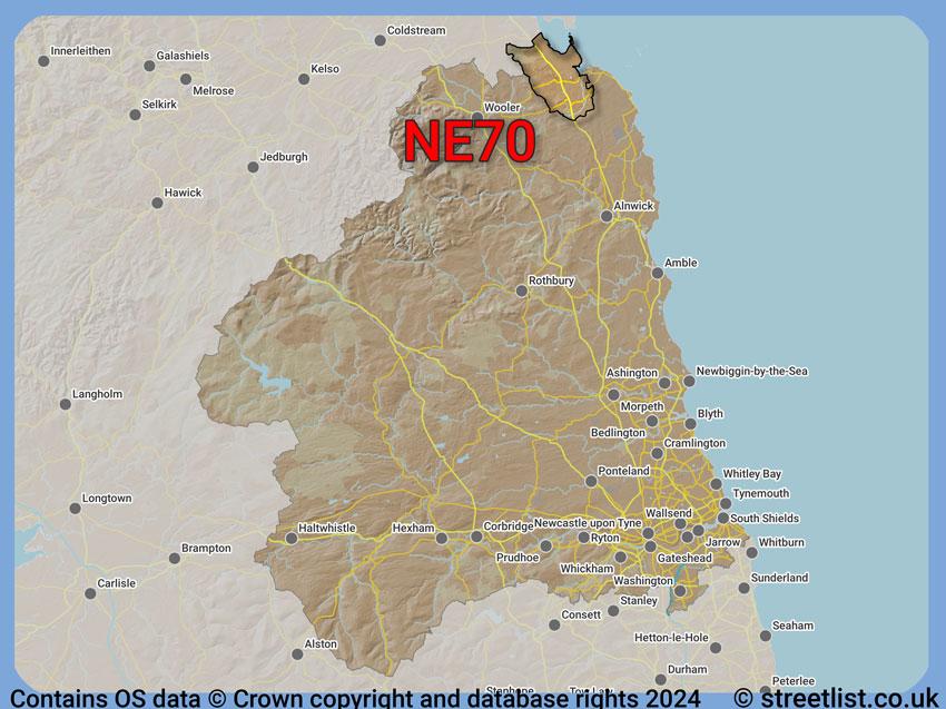 Where the NE70 postcode district lies within the wider  postcode area