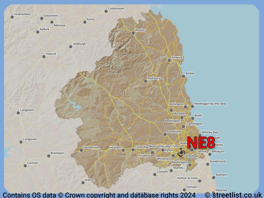 Where the NE8 postcode district lies within the wider  postcode area