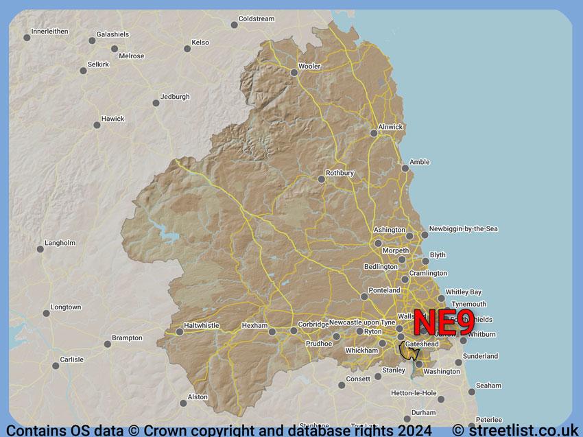 Where the NE9 postcode district lies within the wider  postcode area