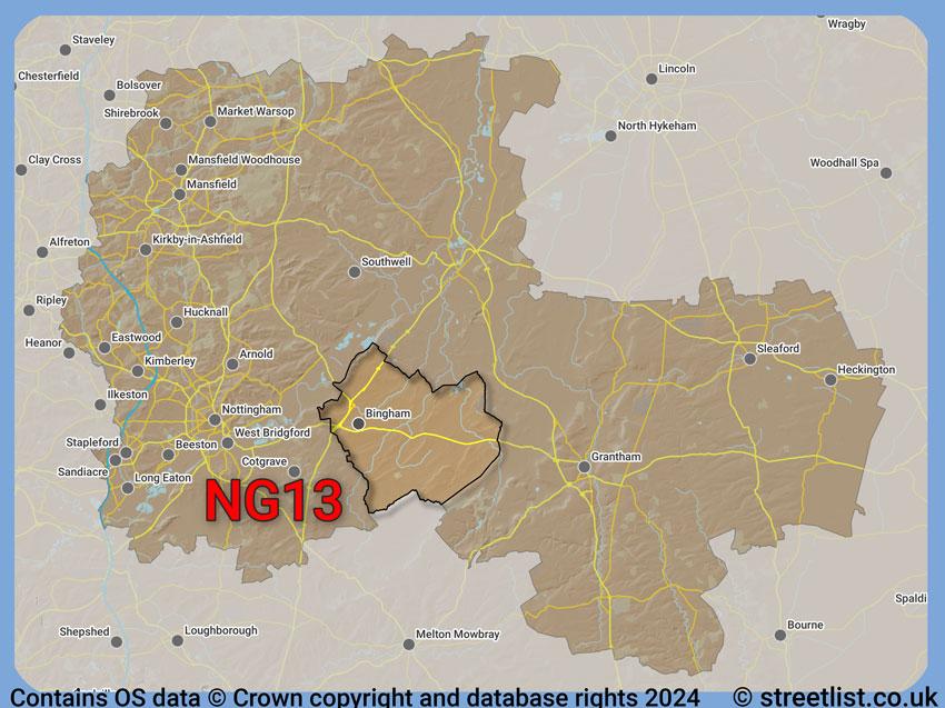 Where the NG13 postcode district lies within the wider  postcode area