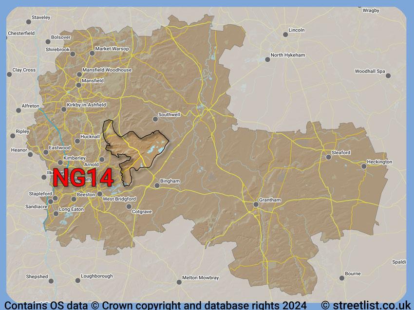 Where the NG14 postcode district lies within the wider  postcode area