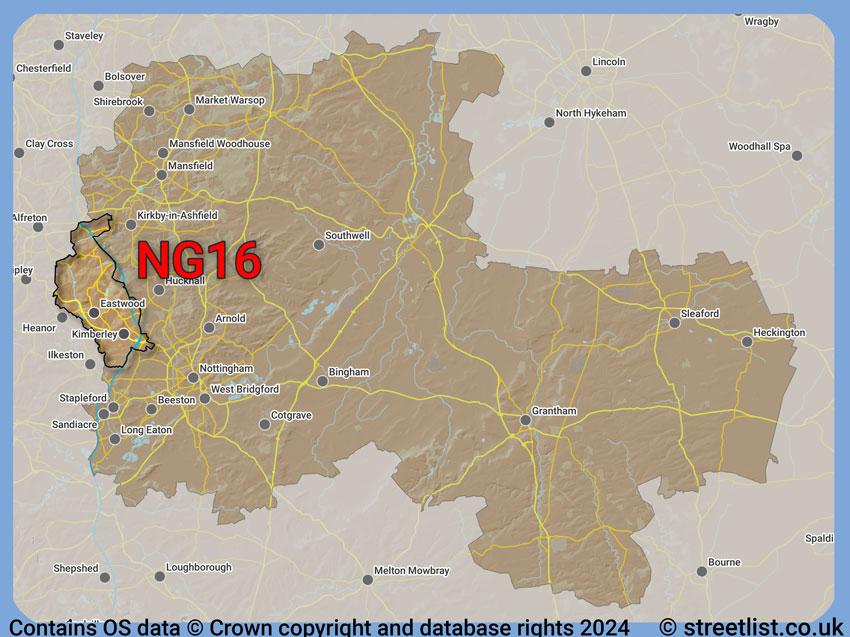 Where the NG16 postcode district lies within the wider  postcode area