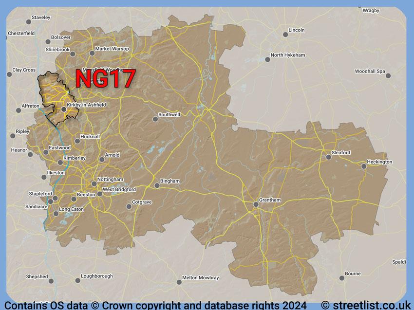 Where the NG17 postcode district lies within the wider  postcode area