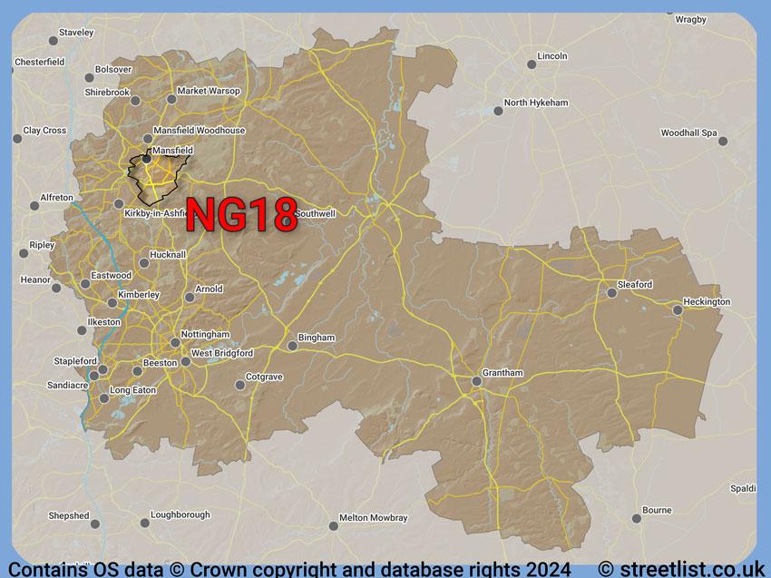 Where the NG18 postcode district lies within the wider  postcode area