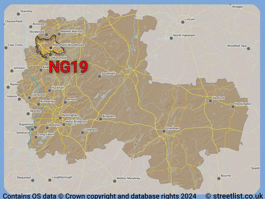 Where the NG19 postcode district lies within the wider  postcode area