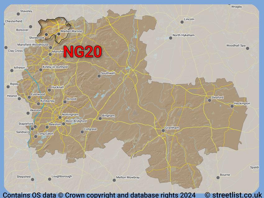 Where the NG20 postcode district lies within the wider  postcode area