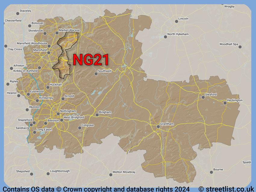 Where the NG21 postcode district lies within the wider  postcode area