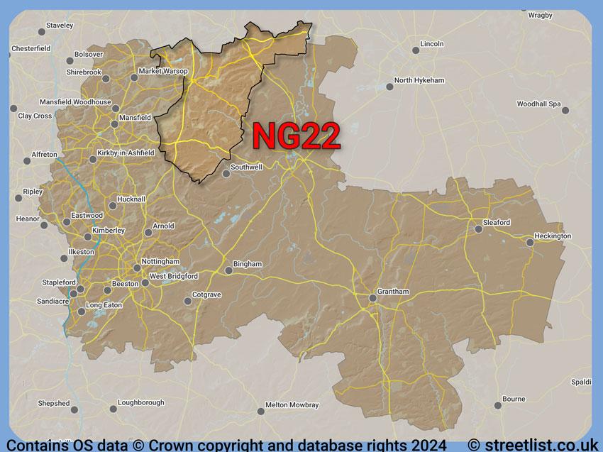 Where the NG22 postcode district lies within the wider  postcode area