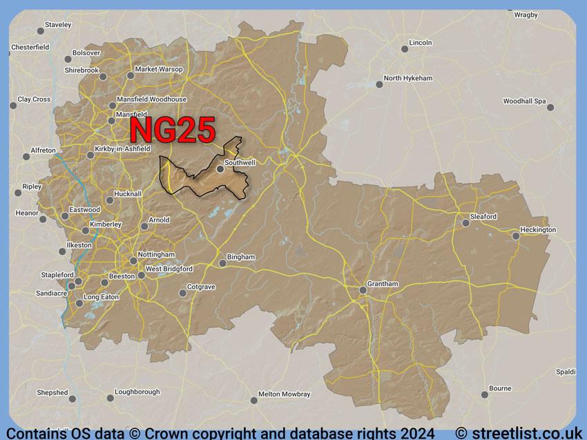 Where the NG25 postcode district lies within the wider  postcode area