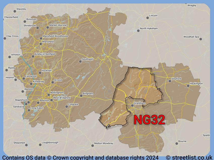 Where the NG32 postcode district lies within the wider  postcode area