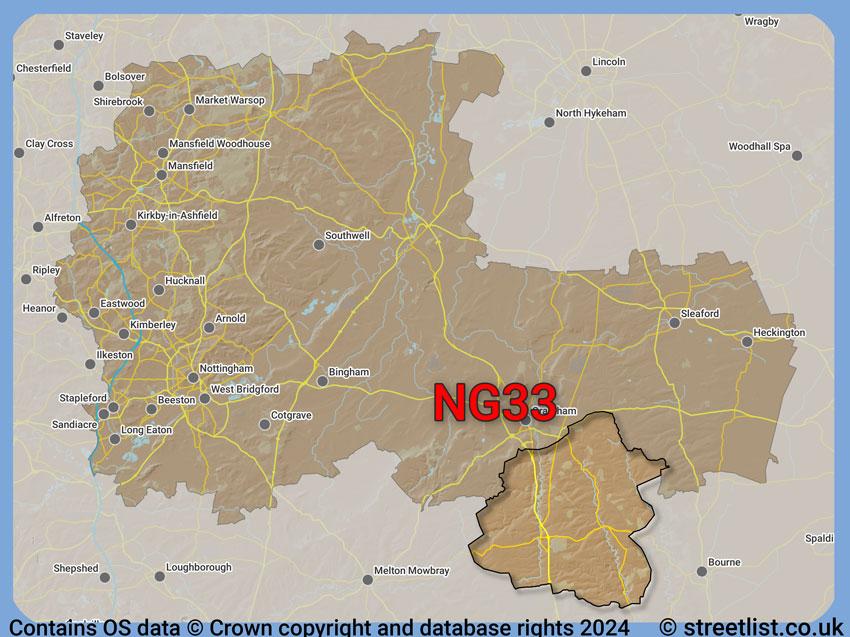 Where the NG33 postcode district lies within the wider  postcode area