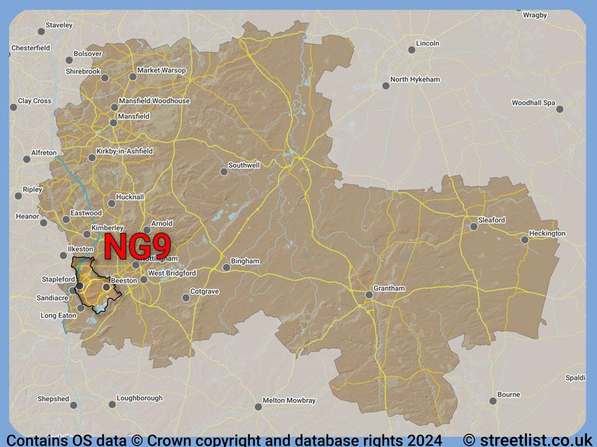 Where the NG9 postcode district lies within the wider  postcode area