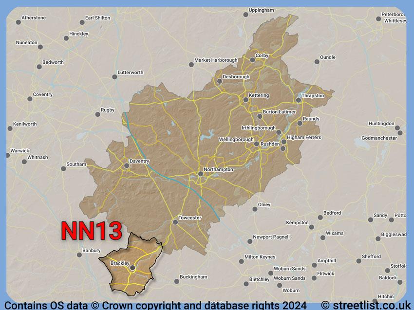 Where the NN13 postcode district lies within the wider  postcode area