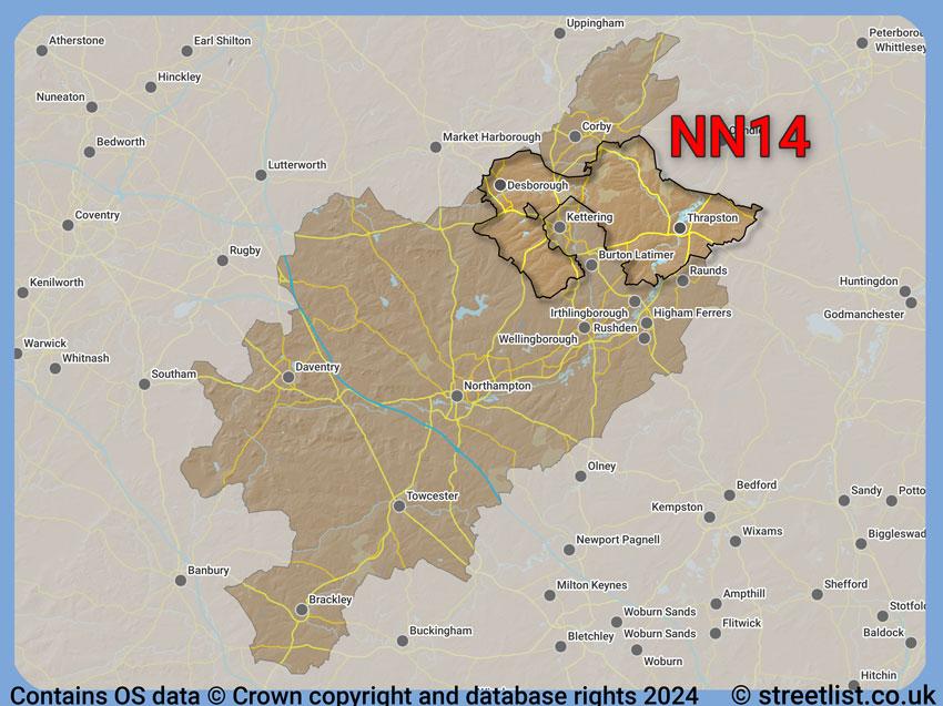 Where the NN14 postcode district lies within the wider  postcode area