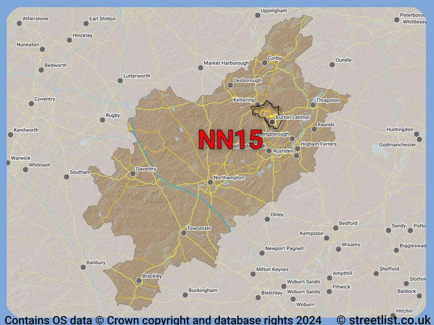 Where the NN15 postcode district lies within the wider  postcode area