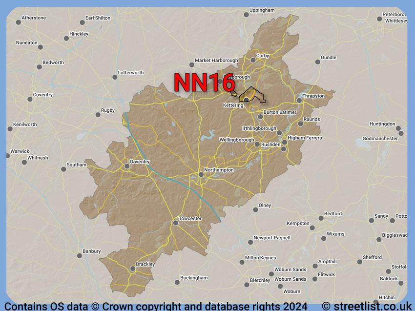 Where the NN16 postcode district lies within the wider  postcode area