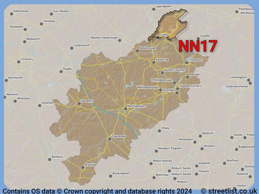 Where the NN17 postcode district lies within the wider  postcode area