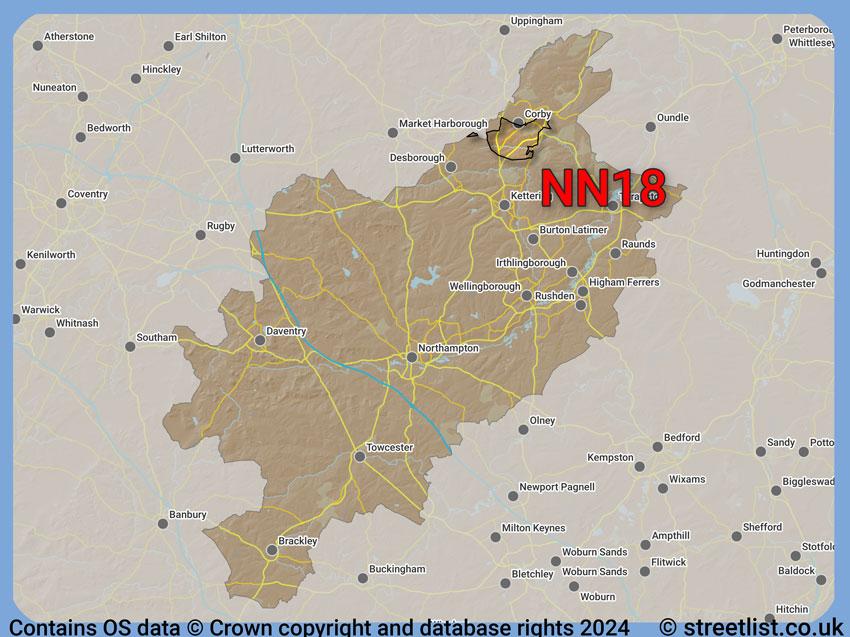 Where the NN18 postcode district lies within the wider  postcode area