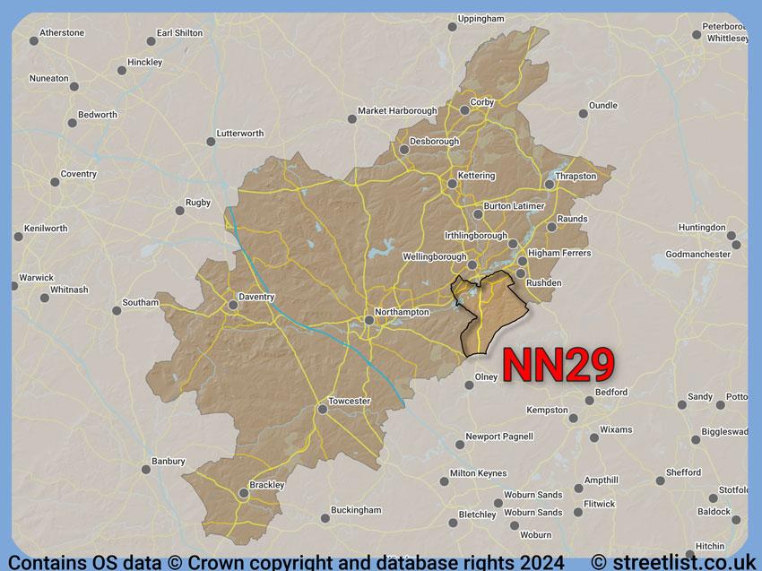 Where the NN29 postcode district lies within the wider  postcode area