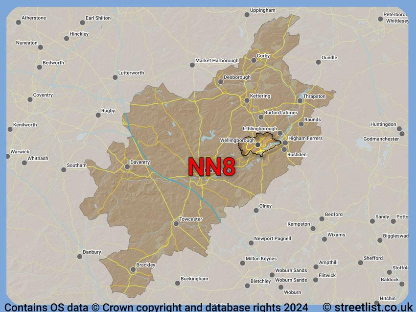 Where the NN8 postcode district lies within the wider  postcode area