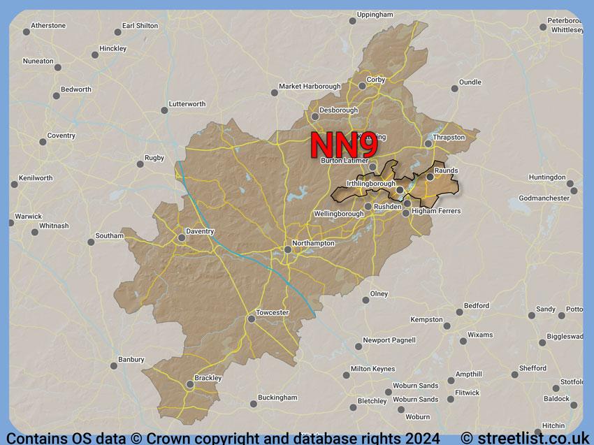 Where the NN9 postcode district lies within the wider  postcode area