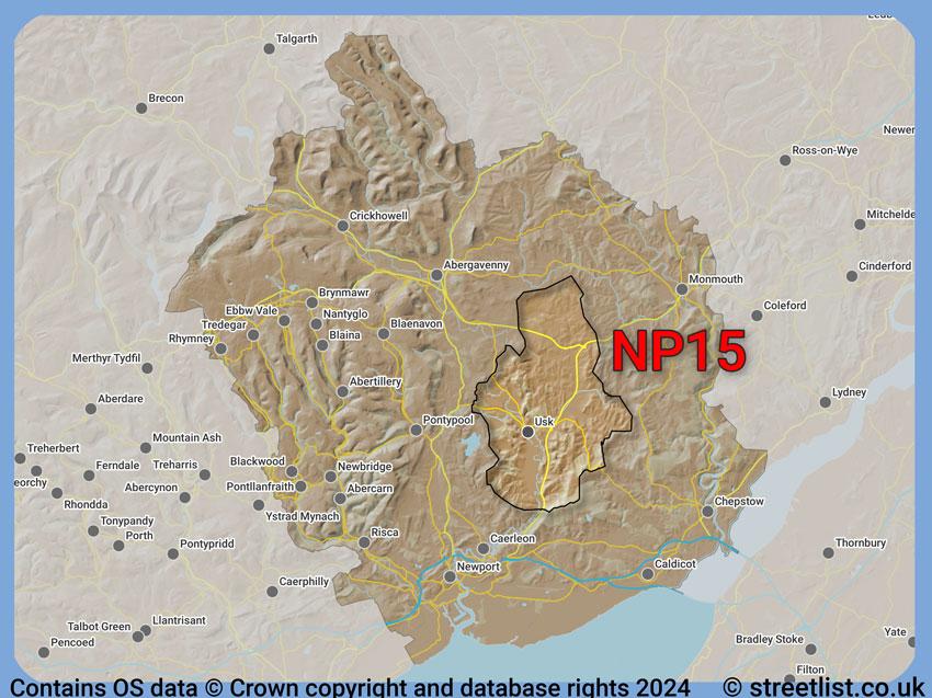 Where the NP15 postcode district lies within the wider  postcode area