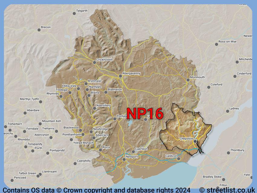 Where the NP16 postcode district lies within the wider  postcode area