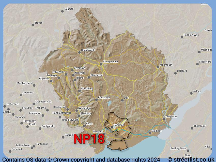 Where the NP18 postcode district lies within the wider  postcode area