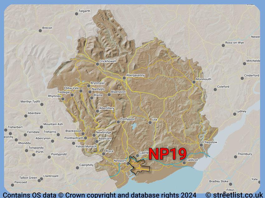 Where the NP19 postcode district lies within the wider  postcode area