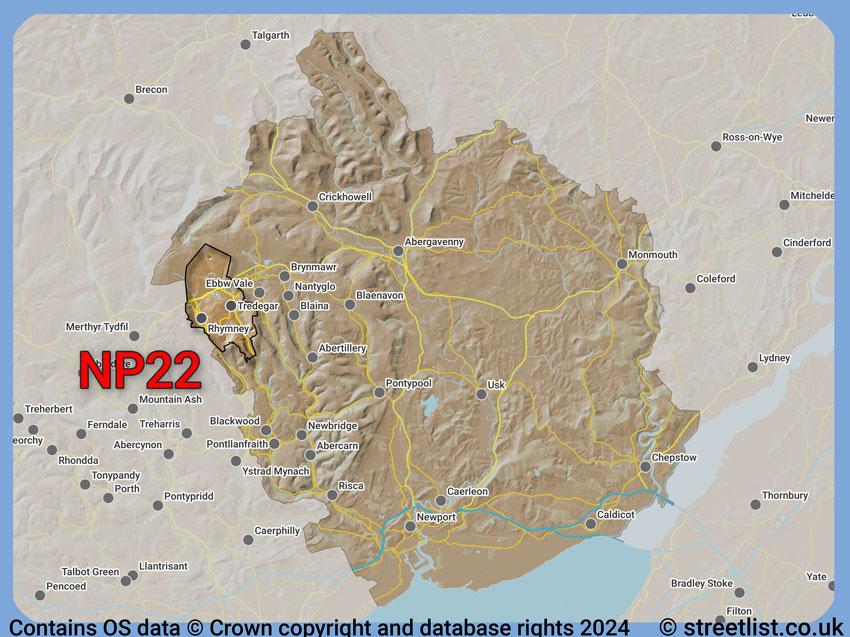 Where the NP22 postcode district lies within the wider  postcode area