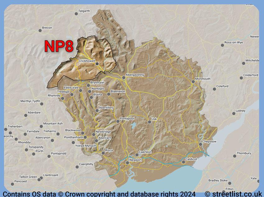 Where the NP8 postcode district lies within the wider  postcode area