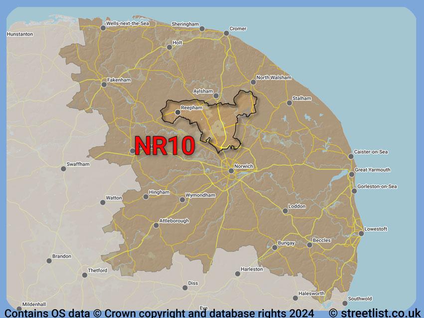 Where the NR10 postcode district lies within the wider  postcode area