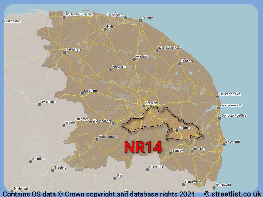 Where the NR14 postcode district lies within the wider  postcode area