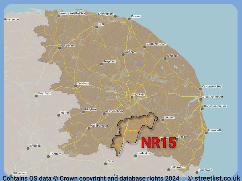 Where the NR15 postcode district lies within the wider  postcode area