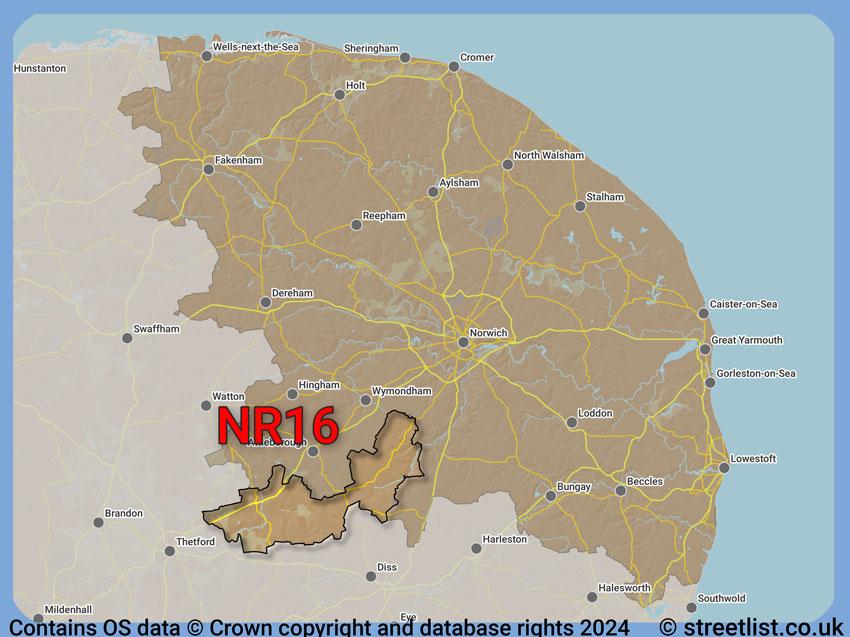 Where the NR16 postcode district lies within the wider  postcode area