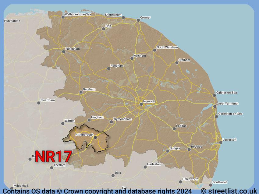 Where the NR17 postcode district lies within the wider  postcode area