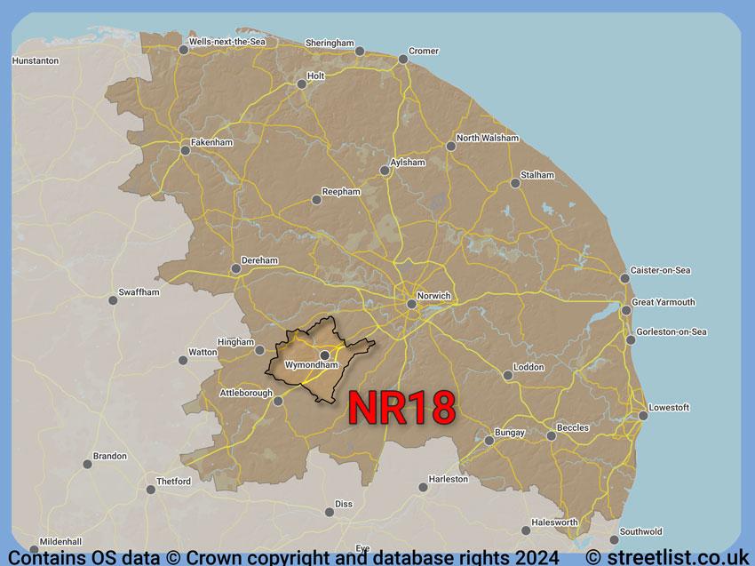 Where the NR18 postcode district lies within the wider  postcode area