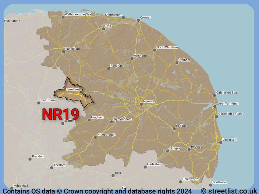 Where the NR19 postcode district lies within the wider  postcode area