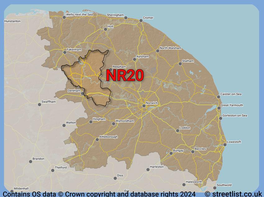 Where the NR20 postcode district lies within the wider  postcode area